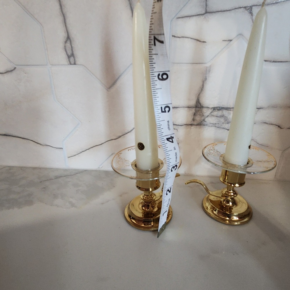 Set 2 Vintage Partylite Candlestick Holders With Gold Decal Glass Drip Catchers - Picture 7 of 9